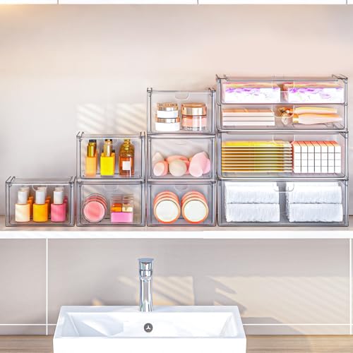 6-Pack Acrylic Stackable Storage Drawers for Vanity, Desk, Bath | 2 large & wide 13" drawers, Smooth-glide, stackable, clear body, dustproof, wipe clean, for makeup, pantry jars, under sink - style: 2 Large+4 Medium Drawers