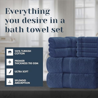 White Classic Luxury Bath Towel Set of 8 Pieces - 100% Turkish Cotton Highly Absorbent Towels for Bathroom, 2 Luxury Bath Towels 700GSM, 2 Hand Towels, 4 Washcloths, Navy - color: 15: Navy Blue