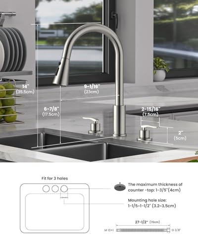 DAYONE 2 Handle Kitchen Faucet with Pull Down Sprayer, 3 Hole Sink Faucets with Separate Handle for Kitchen RV Laundry Bar, 3 Modes, SUS304 Stainless Steel, Brushed Nickel - color: Brushed Nickel, style: 2-handle