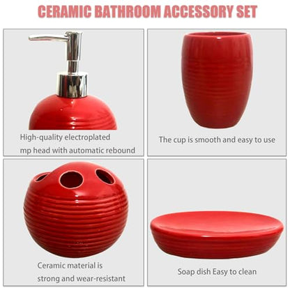 Red Bathroom Accessories Set,4 Pcs Ceramic Bath Accessory Sets Includes Soap Dispenser, Toothbrush Holder, Tumbler and Soap Dish,Bathroom Countertop Organizer Set for Home Apartment