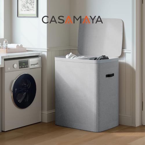 CASAMAYA Laundry Basket with Lid, Laundry Hamper 2 Section, 170L collapsible Laundry Organizer, Easy Assembly, with Handles and Removable Liners, 22 x 15.7 x 29.5 Inches, Gray JSP903G - color: Gray, size: 170L(2-Section)