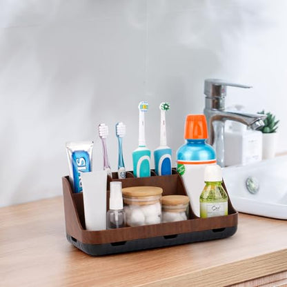 GFWARE Wood Toothbrush Holders for Bathroom Organizer with Drain Holes | Detachable 7 Slots Kid Electric Toothbrush and Toothpaste Holder, Bathroom Sink, Caddy, Tray, Vanity Storage Wood-Look, Brown - color: Wood Brown
