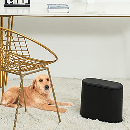Black Slim Bathroom Trash Can with Press Top Lid,12 Liter Small Thin Garbage Can,3.17 Gallon Narrow Dog Proof Plastic Waste Basket and Covered Wastebasket for Room,Bedroom,Kitchen,Toilet,Office,Dorm - color: Black