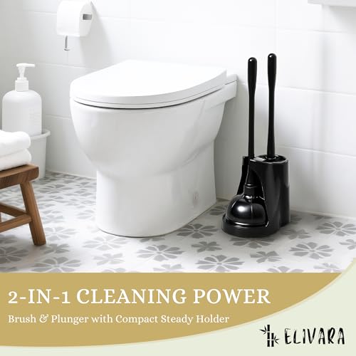 Toilet Plunger and Bowl Brush Combo with Dual-Compartment Holder – Heavy Duty Suction, Ergonomic Handles, Anti-Splash, Sleek Compact Design (Black)
