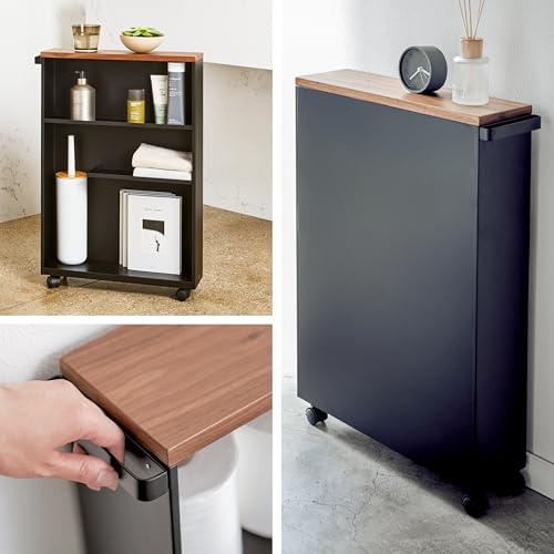 YAMAZAKI Home Slim Rolling Storage Cart – Narrow Bathroom Storage Cabinet with Handle, Slim Bathroom Storage Cart with Wheels, Easy Assembly, Steel + Wood, Black - color: Black