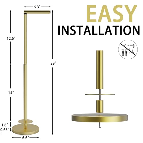 RUACQ Bathroom Toilet Paper Holder Stand with Storage, Gold | Free Standing Toilet Roll Holder, Height Adjustable, Holds 6 Reserve Rolls, Weighted Base, 304 Stainless Steel Rustproof - color: Gold