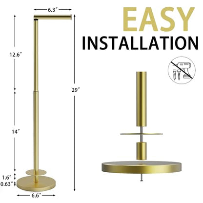 RUACQ Bathroom Toilet Paper Holder Stand with Storage, Gold | Free Standing Toilet Roll Holder, Height Adjustable, Holds 6 Reserve Rolls, Weighted Base, 304 Stainless Steel Rustproof - color: Gold