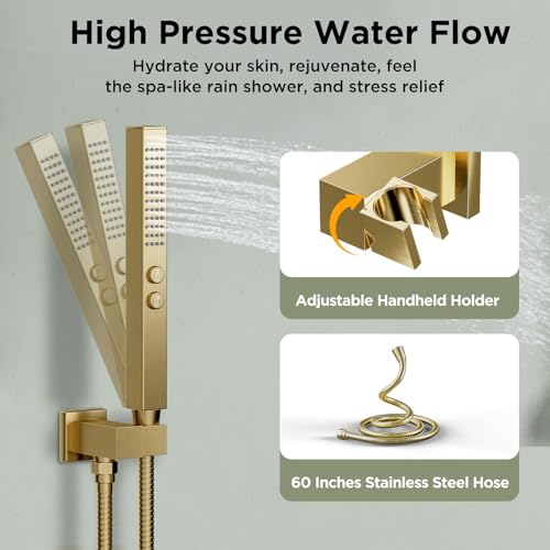 Shower System with 4 Body Spray Jets, STARBATH 4 Way 12 + 6"Rainfall Shower Head with Handheld Combo, Wall Mounted Shower Jets System in Wall Shower Faucet Set, Brushed Gold - color: Gold, size: 6"+12"-04