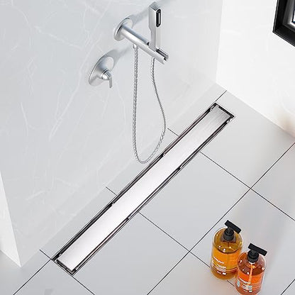 Neodrain 48" Brushed Linear Shower Drain,2-in-1 Flat& Tile Insert Cover | 304 Stainless Steel,Fast Drainage, Durable,Rectangle Shower Floor Drain with Adjustable Feet,Hair Strainer,Fits Bathrooms - color: Stainless Steel, size: 48 In