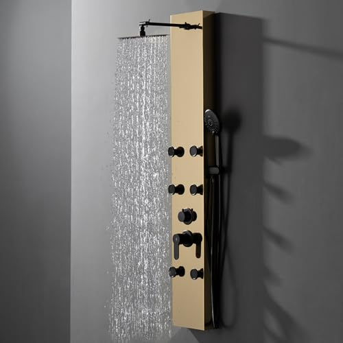 Gold Shower Panel Shower Tower System Adjustable Shower Head Round,Stainless Steel with 6 Body Jets Massage, 3 IN 1 Bathroom Shower Wall Mount, Brushed Gold and Black - color: Gold with Black