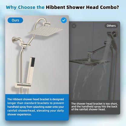Hibbent 10'' Rainfall Showerhead with 4-mode Handheld Spray, Brushed Nickel | High Pressure Showerhead Combo, 12'' Adjustable Extension Arm, Extension Bar, Easy Reach Holder, 71'' Hose - color: Brushed Nickel, style: Square 10''