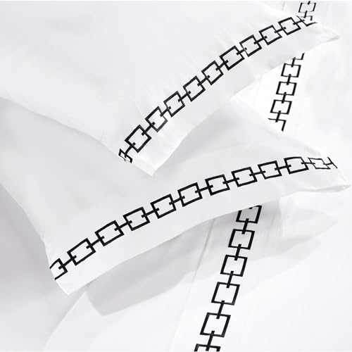 Superior Embroidered Cotton Bed Sheet Set, 1 Elastic Deep Pocket Fitted Sheet, 1 Flat Sheet, 2 Pillowcases, Daily Soft Sheets, Luxury, Unique Design, Chain Links Collection, Full Size, White/Black - color: White-black, size: Full