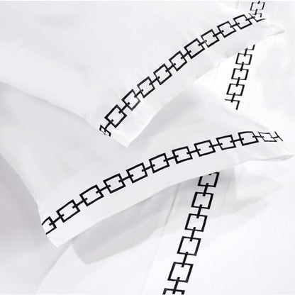 Superior Embroidered Cotton Bed Sheet Set, 1 Elastic Deep Pocket Fitted Sheet, 1 Flat Sheet, 2 Pillowcases, Daily Soft Sheets, Luxury, Unique Design, Chain Links Collection, King Size, White/Black - color: White-black, size: King