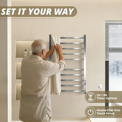 Towel Warmers for Bathroom, 10 Bar Large Heated Towel Rack, Brushed Nickel | Wall Mounted, Built-in 2/4H Timer, IPX4 Waterproof Stainless Steel, Plug-in, Fast Heating Large Capacity for Bathroom Spa Gym