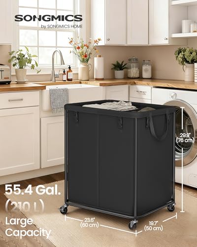 SONGMICS Laundry Basket with Wheels, Rolling Laundry Hamper with Steel Frame, Removable Liner Bag,55.4 Gallon (210 L), 2 Compartments, Ink Black URLS032BH01 - color: Ink Black, size: 210L-Rectangular