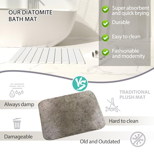 Foldable Stone Bath Mat 60x39cm | Quick-Dry Diatomaceous Earth Bath Rug with PVC Anti-Slip Base | Bathroom, Kitchen, Pet-Friendly Water Absorbent Mat - color: White