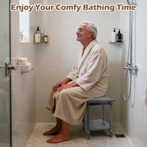 Shower Bench, HDPE Waterproof Shower Chair for Inside Shower | Heavy-Duty Bathroom Bench with Non-Slip Adjustable Feet & Storage Shelf, Stable Shower Stool for Shaving Legs, Grey - color: Grey