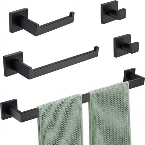 Matte Black Bathroom Hardware Set 5-Piece, Modern Square SUS304 Stainless Steel Bath Accessory Kit with 23.6" Towel Bar - color: Matte Black