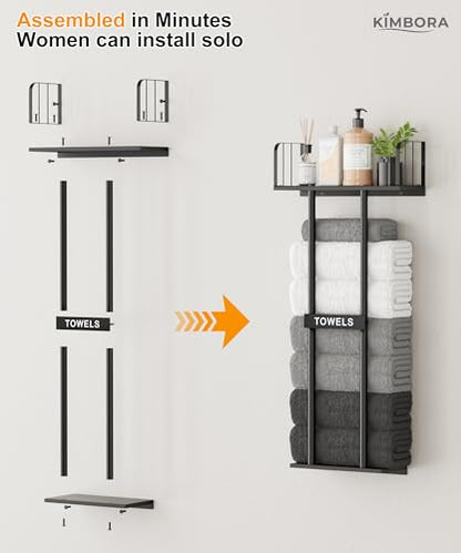 Towel Racks for Bathroom with Top Towel Shelf Hold 8 Large Rolled Towels, 36" Wall Mounted Bathroom Towel Storage Organizer for Small Bathroom, Camper, Rv (Black)