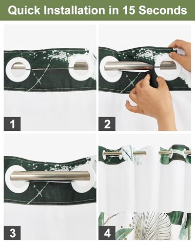 Modern No Hook Shower Curtain with Snap in Liner Set, 71x74 Inch | Double layer Waterproof Fabric with Mesh Top, Abstract Green Botanical Leaf & Geometric Print for Boho & Mid Century Bathroom - color: Boho-3