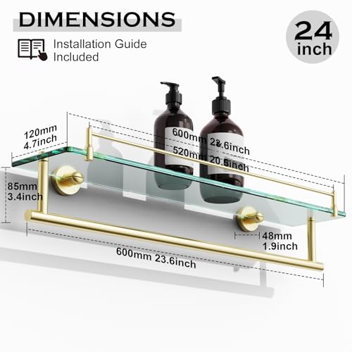24-Inch Towel Rack with Shelf -Tempered Glass Bathroom Shelf with Towel Bar - Brushed Gold Modern Stainless Steel, Wall Mount Rustproof Tower Holder - color: Brushed Gold, size: 24-inch with Railing