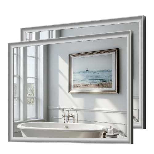 USHOWER 2 PCS Brushed Nickel Bathroom Mirrors for Over Sink 30x40 Inch, Aluminum Framed Rectangle Vanity Mirror for Wall, Bedroom, Living Room, Entryway,Anti-Rust,HD Tempered Glass,Horizontal/Vertical - color: Brushed Nickel, size: 40''L x 30''W-2PCS