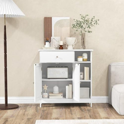 GOFLAME Bathroom Cabinet, 29.5" x 12" x 31.5" Floor Storage Cabinet with 1 Drawer, 3 Open Compartments, Adjustable Shelves, White