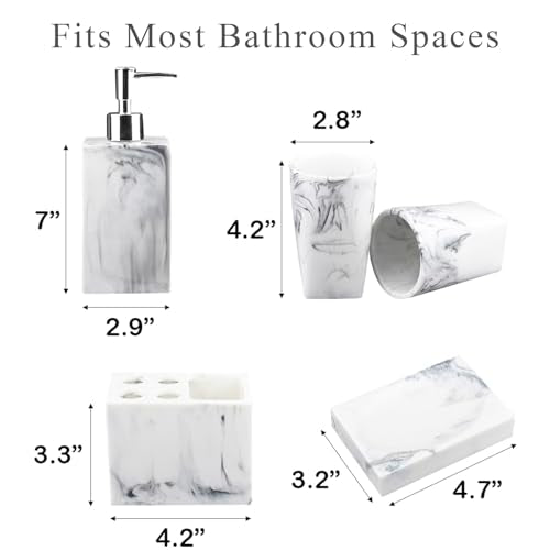 5 Piece Bathroom Accessories Set, Marble Resin Bathroom Vanity Set, Soap Dispenser, Toothbrush Holder, Soap Dish & 2 Tumblers, Bathroom Countertop Organizer Set (Ink White) - color: Ink White
