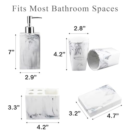 5 Piece Bathroom Accessories Set, Marble Resin Bathroom Vanity Set, Soap Dispenser, Toothbrush Holder, Soap Dish & 2 Tumblers, Bathroom Countertop Organizer Set (Ink White) - color: Ink White