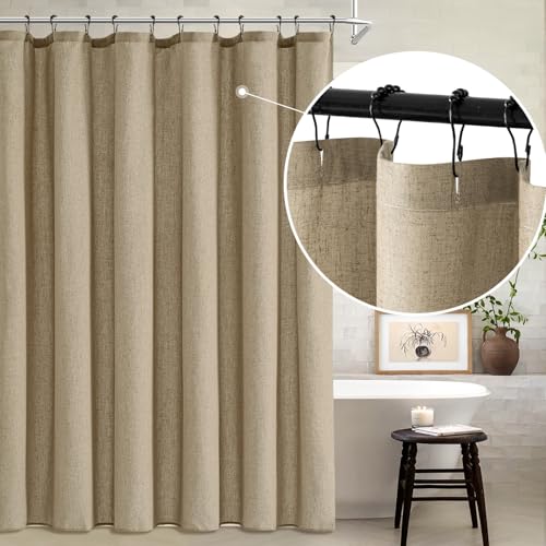 MIULEE Linen Buttonhole Fabric Shower Curtain Khaki W72*L80 12 Metal Hooks | Country Boho Farmhouse, Heavy, Shower Curtain Set, Thick Cloth Neutral Waterproof Curtains, Bathroom, Washable - color: Khaki, size: 72"W x 80"L (Pack of 1)