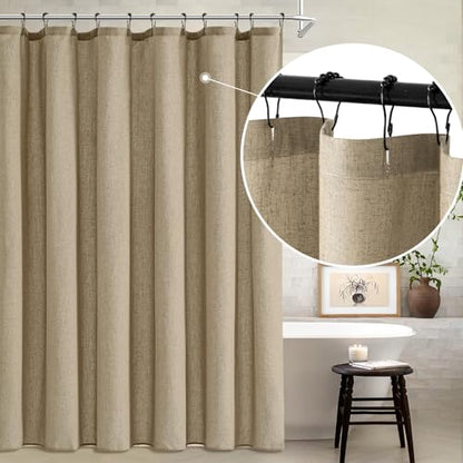 MIULEE Linen Buttonhole Fabric Shower Curtain Khaki W72*L80 12 Metal Hooks | Country Boho Farmhouse, Heavy, Shower Curtain Set, Thick Cloth Neutral Waterproof Curtains, Bathroom, Washable - color: Khaki, size: 72"W x 80"L (Pack of 1)