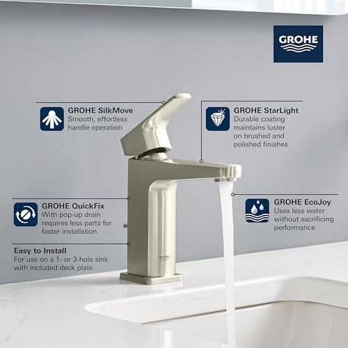 GROHE Tallinn Bathroom Faucet, Single Hole Centerset with Drain, Chrome | Bathroom Sink Faucet: Fits 1 or 3 Hole Sinks, Eco 1.2 GPM, Smooth SilkMove Valve, Includes Drain & Deckplate | 23838000 - color: Chrome