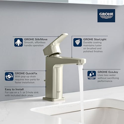 GROHE Tallinn Bathroom Faucet, Single Hole Centerset with Drain, Chrome | Bathroom Sink Faucet: Fits 1 or 3 Hole Sinks, Eco 1.2 GPM, Smooth SilkMove Valve, Includes Drain & Deckplate | 23838000 - color: Chrome