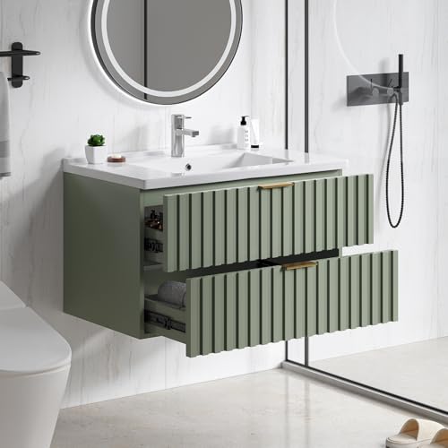 ONBRILL 30 Inch Bathroom Vanity with Sink Combo, Floating Bathroom Vanity with 2 Fluted Drawers & Metal Handle, Modern Wall Mount Storage Cabinet with Ceramic Integrated Sink for Small Space (Green) - color: Green, size: 30"