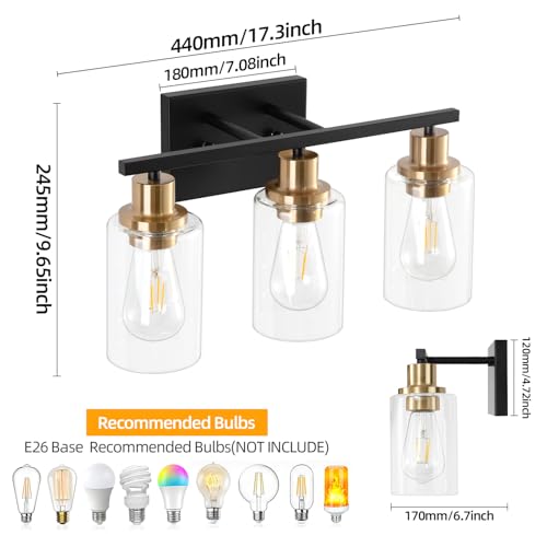 3 Light Bathroom Wall Light Fixture Vanity Wall Lights Over Mirror | Wall Sconce Lighting with Clear Glass Shades, Modern Wall Lights Wall Lamp for Mirror, Hallway Kitchen Bedroom Cabinet - color: Black Gold