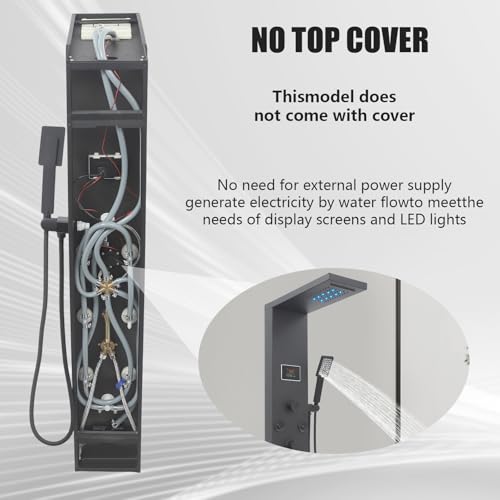 6-in-1 LED Shower Panel Tower System with 8 Adjustable Body Jets, Rainfall & Waterfall Shower, Smart Temperature Display, 59" Hose, Brushed Gold Stainless Steel, Wall Mounted (Black) - color: Black