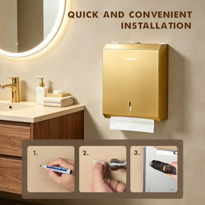 Gorlary Commercial Paper Towel Dispenser Wall Mount, Gold, Large Capacity | Durable Stainless Steel, C-Fold Multifold Trifold Paper Towel Holder, Touchless Hand Towel Dispenser for Bathroom, Office - color: Large-gold