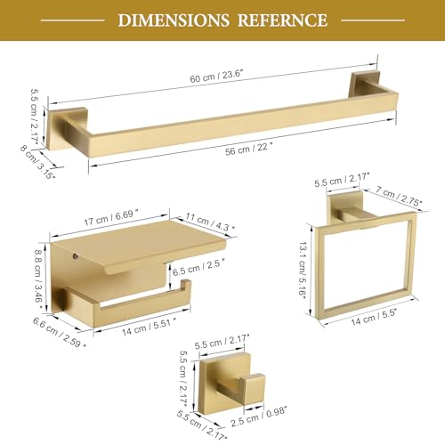 6-Piece Bathroom Hardware Set 23.6 Inch Gold Towel Bar Set Double Towel Bar Towel Ring Coat Hook and Toilet Paper Holder with Shelf Wall Mounted Stainless Steel Bathroom Accessories Set - color: 6-piece Gold
