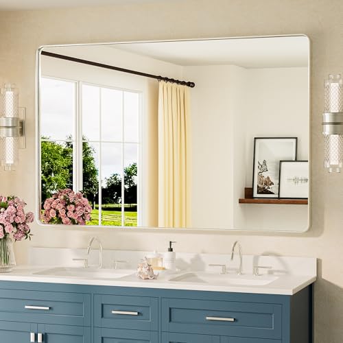 TETOTE 55 x 36 Inch Brushed Nickel Mirror Metal Framed Bathroom Mirror, Tempered Glass, Modern Farmhouse Wall Mounted Mirror for Decorative(Horizontal/Vertical) - color: Brushed Nickel, size: 36"L x 55"W