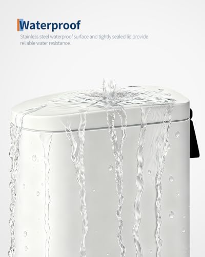 Garvee 1.6 gal / 6 L Metal Bathroom Trash Can with Lid, Slim Waterproof Garbage Can for Bedroom, Small Step-on Trash Bin with Inner Bucket, Rear Handle, Soft Close Lid, White - color: White, size: 1.6 Gallons