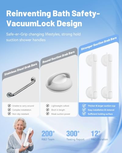 JOTPE Grab Bars for Shower, No Drill Suction Shower Handle, 2 Pack | Removable Grab Bars for Bathroom, Shower Grab Bar for Balance Assistance on Smooth Non-Porous Surfaces, 11 Inch, White