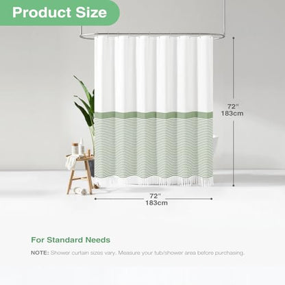 Dynamene Sage Green Fabric Shower Curtain, Farmhouse Boho Striped Tassel Shower Curtain for Bathroom, Bohemian Textured Cloth Shower Curtain Set with Hook, Water Repellent, Wrinkle Free, 72x72 - color: A. Sage Green, size: 72"W x 72"L (Pack of 1)