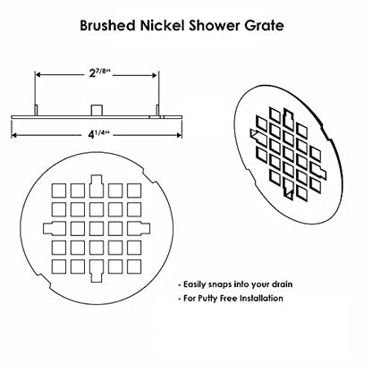 4 ¼” Brushed Nickel Snap-in Shower Drain Cover - Stainless Steel Replacement - 4.25" OD Shower Drain Strainer - Easy Install - Premium Round Shower Drain Cover - Solid Brass Construction - color: Brushed Nickel