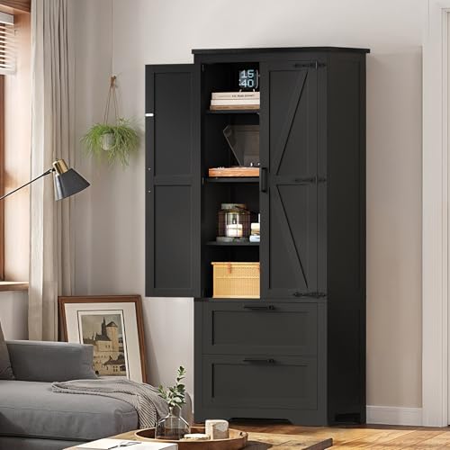 66.1" H Storage Cabinet, Farmhouse Kitchen Pantry Cabinet with 2 Drawers & Adjustable Shelf, Bathroom Cabinet, for Living Room, Kitchen, Bathroom, Black - color: Black