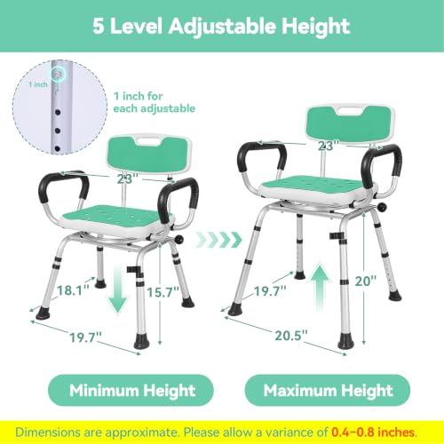 Swivel Shower Chair for Inside Shower, 400 lbs, Adjustable Height | Heavy Duty Non-Slip Shower Stool, Bath Seat with Removable Back and Arms, Safety Shower Stool for Seniors and Disabled - color: Light Green