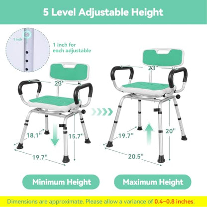Swivel Shower Chair for Inside Shower, 400 lbs, Adjustable Height | Heavy Duty Non-Slip Shower Stool, Bath Seat with Removable Back and Arms, Safety Shower Stool for Seniors and Disabled - color: Light Green