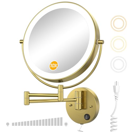 Gospire 9” Wall Mounted Lighted 1X/10X Magnifying Mirror, Gold | 3 Color Lights, Stepless Dimming with Touch Sensor, Double-Sided LED Bathroom Mirror, Extendable Arm 360° Swivel for Shaving - color: Gold, size: 9"L x 9"W