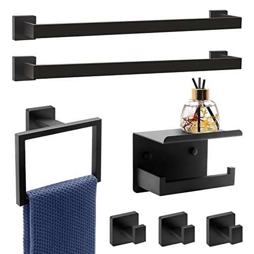 Dorudon atrox Matte Black Bathroom Hardware Set Towel Bar Set Black Bathroom Hardware Accessories Set with Towel Bars, Stainless Steel Wall Mounted Bathroom Towel Rack Set Square - color: Matte Black, size: 23 IN