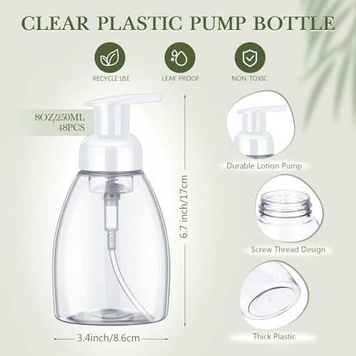 Nuenen 48 Pieces 8oz Foaming Soap Dispenser Refillable Foaming Pump Bottles Bulk Travel Hand Soap Dispenser Plastic Press Bottles Empty Containers for Shampoo Bathroom Commercial(White) - color: White
