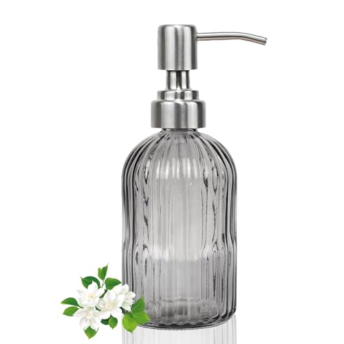 14Oz Gray Glass Soap Dispenser Bathroom, Stainless Steel Pump, Stripe | Clear Glass Liquid Hand Soap Dispensers, Refillable Dish Soap Dispenser for Kitchen, Countertop Soap Dispensers - color: Gray